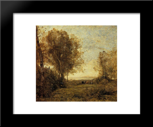 Morning, Woman Hearding Cows 20x24 Black Modern Wood Framed Art Print Poster by Corot, Jean Baptiste Camille