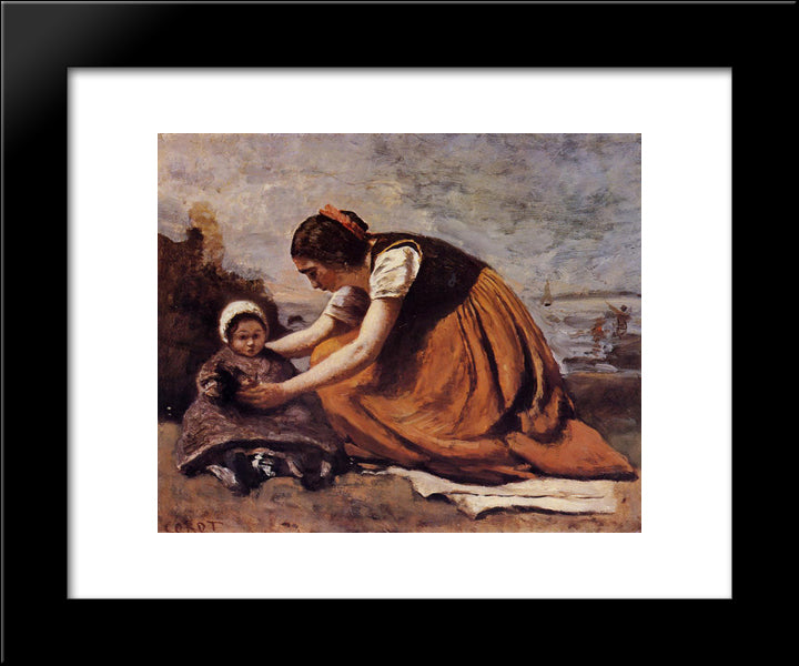 Mother And Child On The Beach 20x24 Black Modern Wood Framed Art Print Poster by Corot, Jean Baptiste Camille