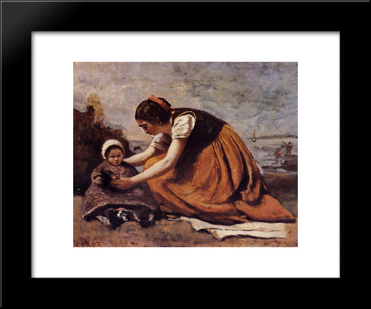 Mother And Child On The Beach 20x24 Black Modern Wood Framed Art Print Poster by Corot, Jean Baptiste Camille