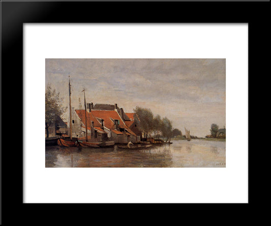 Near Rotterdam, Small Houses On The Banks Of A Canal 20x24 Black Modern Wood Framed Art Print Poster by Corot, Jean Baptiste Camille