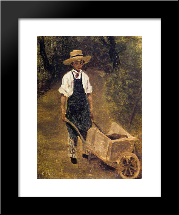 Octave Chamouillet Pushing A Wheelbarrow In A Garden 20x24 Black Modern Wood Framed Art Print Poster by Corot, Jean Baptiste Camille