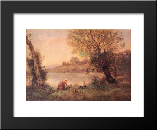 Peasant From Ville D'Avray And Her Child Among Two Trees At The Bank Of A Pond 20x24 Black Modern Wood Framed Art Print Poster by Corot, Jean Baptiste Camille