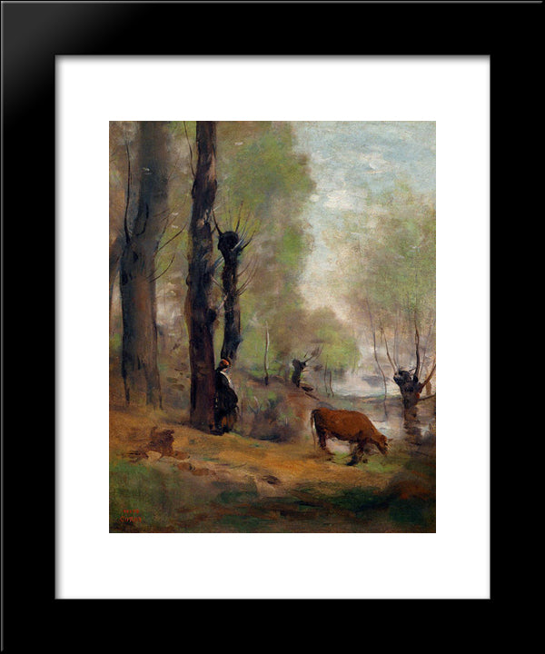 Peasant Woman Watering Her Cow 20x24 Black Modern Wood Framed Art Print Poster by Corot, Jean Baptiste Camille