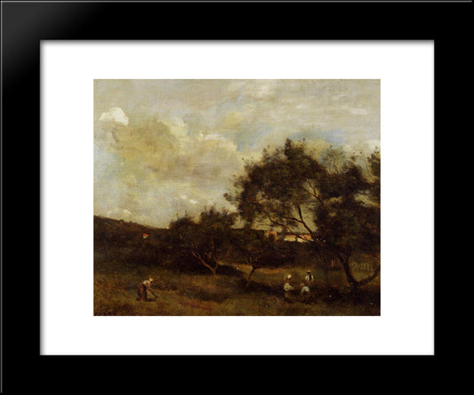 Peasants Near A Village 20x24 Black Modern Wood Framed Art Print Poster by Corot, Jean Baptiste Camille