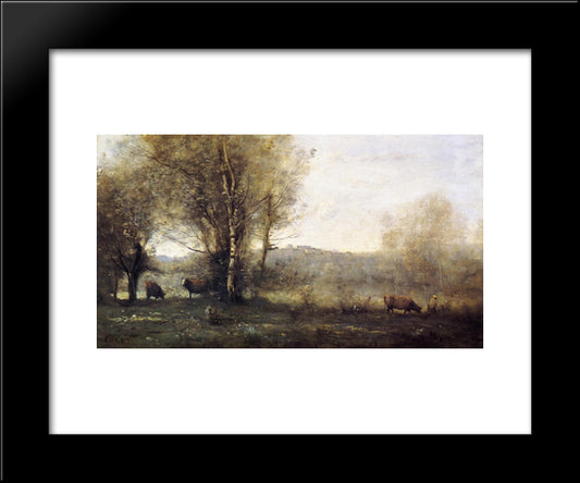 Pond With Three Cows (Souvenir Of Ville D'Avray) 20x24 Black Modern Wood Framed Art Print Poster by Corot, Jean Baptiste Camille