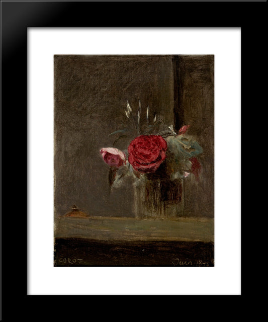 Roses In A Glass 20x24 Black Modern Wood Framed Art Print Poster by Corot, Jean Baptiste Camille