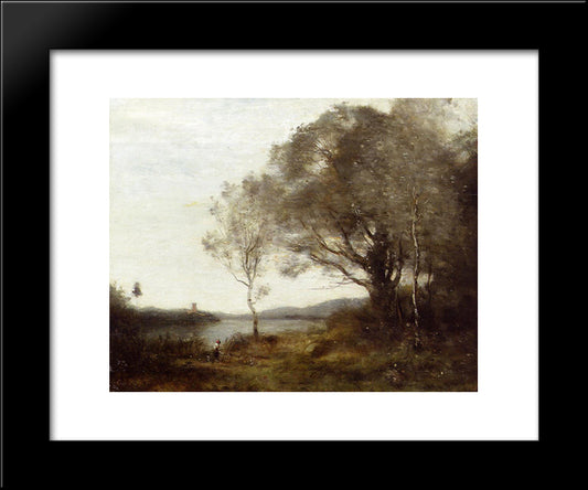 Strolling Along The Banks Of A Pond 20x24 Black Modern Wood Framed Art Print Poster by Corot, Jean Baptiste Camille