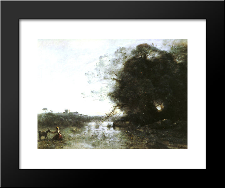 The Swamp Near The Big Tree And A Shepherdess 20x24 Black Modern Wood Framed Art Print Poster by Corot, Jean Baptiste Camille