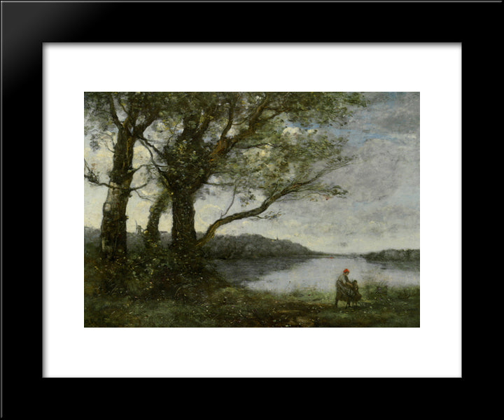 Three Trees With A View Of The Lake 20x24 Black Modern Wood Framed Art Print Poster by Corot, Jean Baptiste Camille