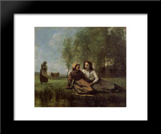 Two Cowherds In A Meadow By The Water 20x24 Black Modern Wood Framed Art Print Poster by Corot, Jean Baptiste Camille