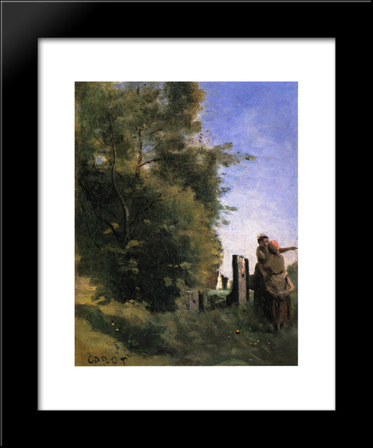 Two Women Talking By A Gate 20x24 Black Modern Wood Framed Art Print Poster by Corot, Jean Baptiste Camille