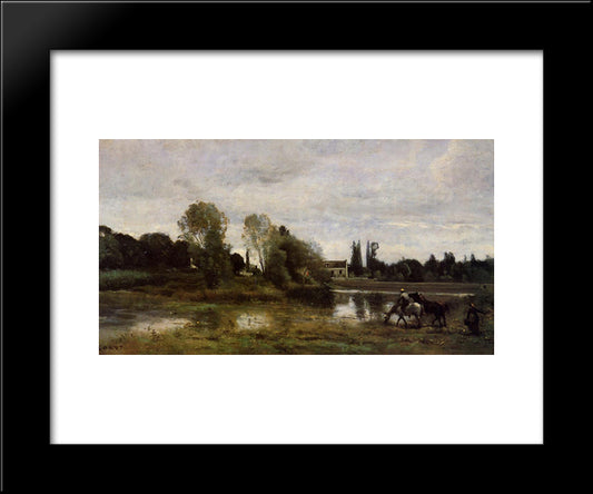 Ville D'Avray, Horses Watering 20x24 Black Modern Wood Framed Art Print Poster by Corot, Jean Baptiste Camille