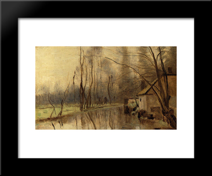 Voisinlieu, House By The Water 20x24 Black Modern Wood Framed Art Print Poster by Corot, Jean Baptiste Camille