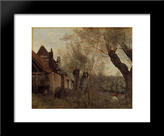 Willows And Farmhouses At Saint Catherine Les Arras 20x24 Black Modern Wood Framed Art Print Poster by Corot, Jean Baptiste Camille