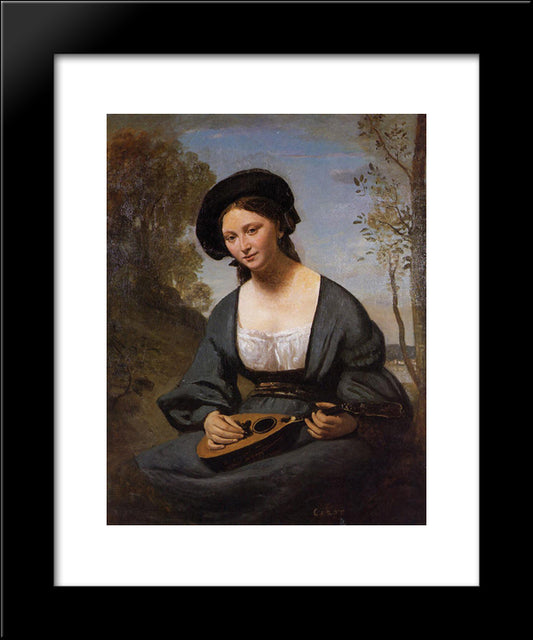 Woman In A Toque With A Mandolin 20x24 Black Modern Wood Framed Art Print Poster by Corot, Jean Baptiste Camille