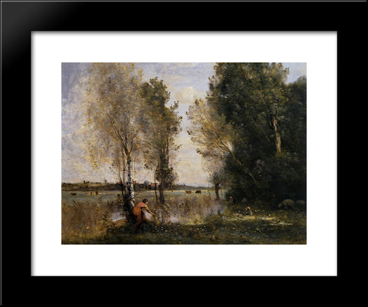 Woman Picking Flowers In A Pasture 20x24 Black Modern Wood Framed Art Print Poster by Corot, Jean Baptiste Camille