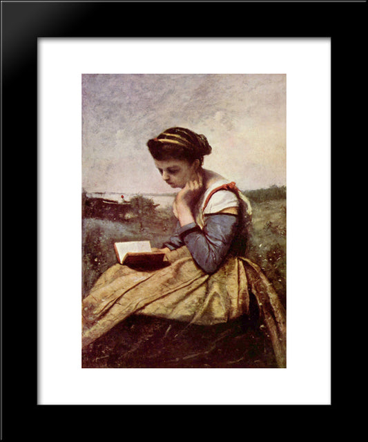 Woman Reading In A Landscape 20x24 Black Modern Wood Framed Art Print Poster by Corot, Jean Baptiste Camille