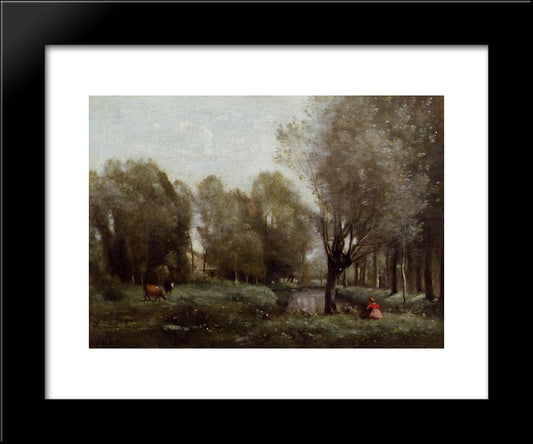 Young Girl Seated In A Meadow 20x24 Black Modern Wood Framed Art Print Poster by Corot, Jean Baptiste Camille
