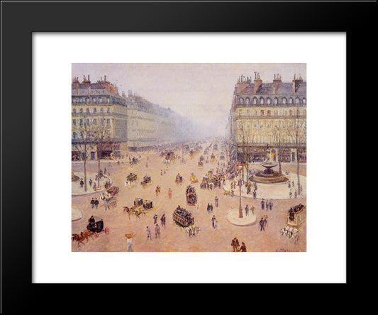 Avenue De L'Opera, Place Du Thretre Francais Misty Weather 20x24 Black Modern Wood Framed Art Print Poster by Pissarro, Camille