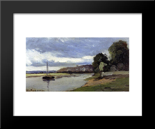 Banks Of A River With Barge 20x24 Black Modern Wood Framed Art Print Poster by Pissarro, Camille