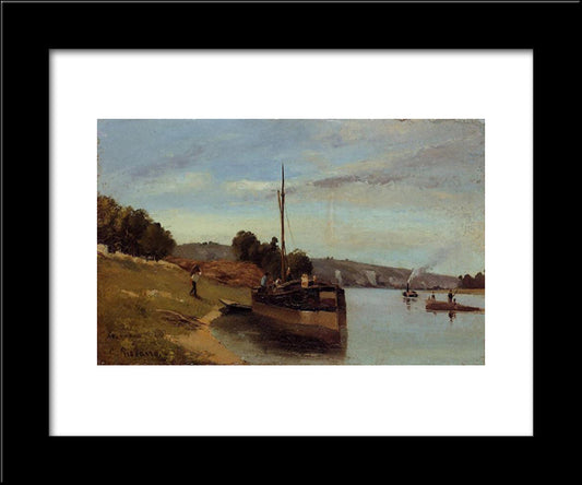 Barges At Le Roche Guyon 20x24 Black Modern Wood Framed Art Print Poster by Pissarro, Camille
