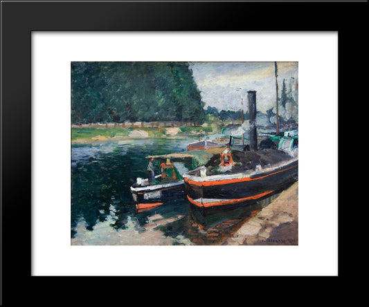 Barges On Pontoise 20x24 Black Modern Wood Framed Art Print Poster by Pissarro, Camille