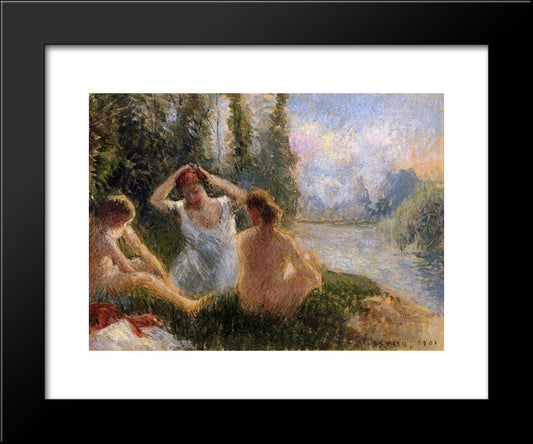 Bathers Seated On The Banks Of A River 20x24 Black Modern Wood Framed Art Print Poster by Pissarro, Camille