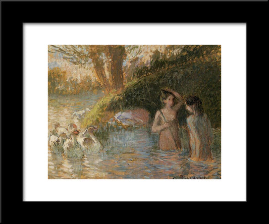 Bathing Goose Maidens 20x24 Black Modern Wood Framed Art Print Poster by Pissarro, Camille