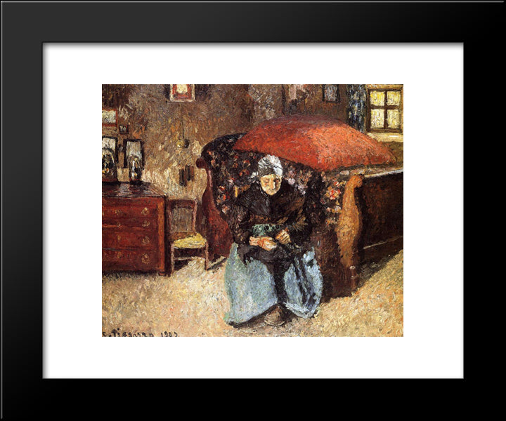 Elderly Woman Mending Old Clothes, Moret 20x24 Black Modern Wood Framed Art Print Poster by Pissarro, Camille