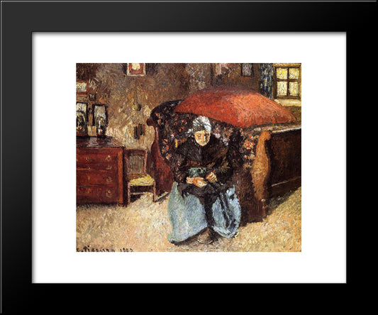 Elderly Woman Mending Old Clothes, Moret 20x24 Black Modern Wood Framed Art Print Poster by Pissarro, Camille