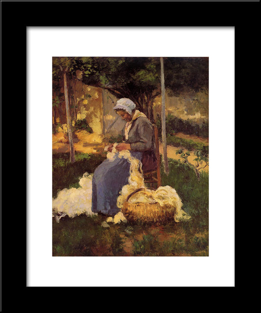 Female Peasant Carding Wool 20x24 Black Modern Wood Framed Art Print Poster by Pissarro, Camille