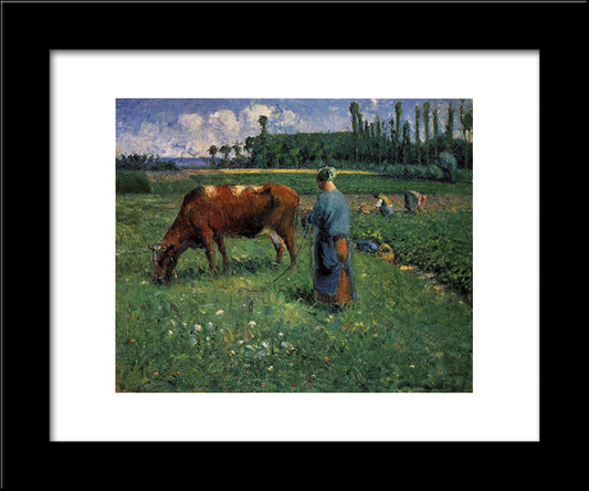 Girl Tending A Cow In Pasture 20x24 Black Modern Wood Framed Art Print Poster by Pissarro, Camille