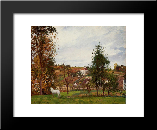 Landscape With A White Horse In A Meadow, L'Hermitage 20x24 Black Modern Wood Framed Art Print Poster by Pissarro, Camille