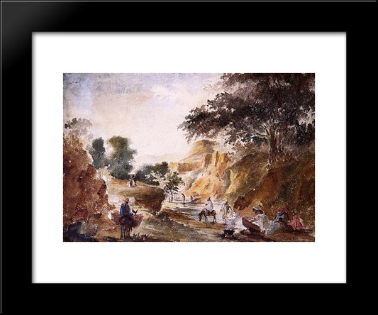Landscape With Figures By A River 20x24 Black Modern Wood Framed Art Print Poster by Pissarro, Camille