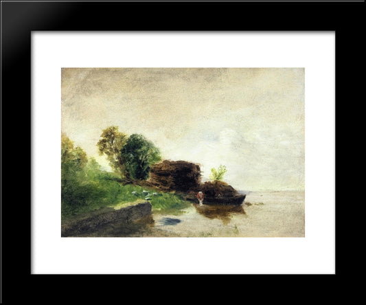 Laundress On The Banks Of The River 20x24 Black Modern Wood Framed Art Print Poster by Pissarro, Camille
