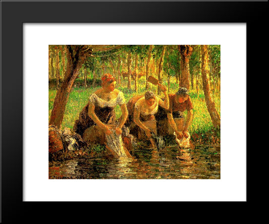 Laundring Women. Eragny Sur Eptes 20x24 Black Modern Wood Framed Art Print Poster by Pissarro, Camille
