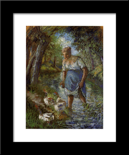 Peasant Crossing A Stream 20x24 Black Modern Wood Framed Art Print Poster by Pissarro, Camille
