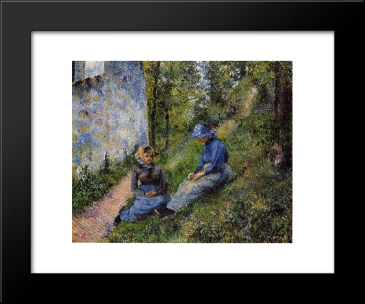 Seated Peasants, Sewing 20x24 Black Modern Wood Framed Art Print Poster by Pissarro, Camille