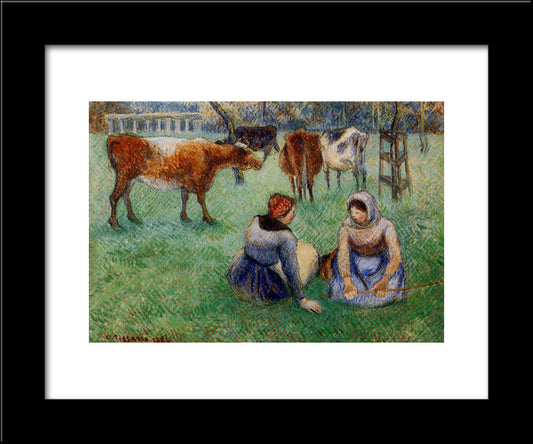 Seated Peasants Watching Cows 20x24 Black Modern Wood Framed Art Print Poster by Pissarro, Camille