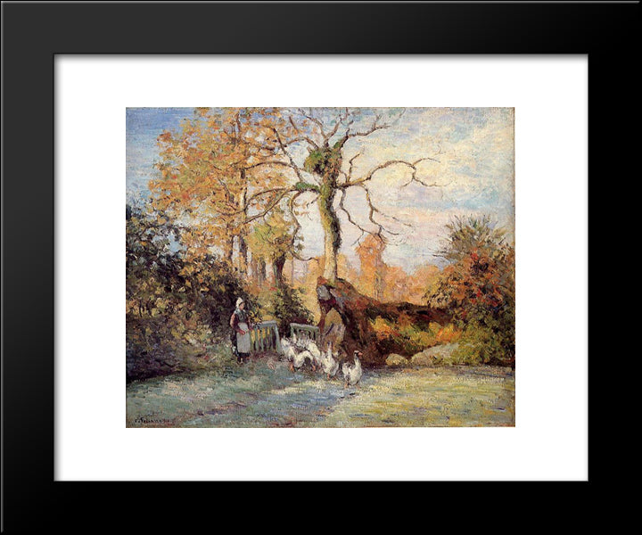The Goose Girl At Montfoucault, White Frost 20x24 Black Modern Wood Framed Art Print Poster by Pissarro, Camille