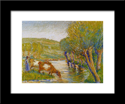The River And Willows, Eragny 20x24 Black Modern Wood Framed Art Print Poster by Pissarro, Camille