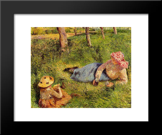The Snack, Child And Young Peasant At Rest 20x24 Black Modern Wood Framed Art Print Poster by Pissarro, Camille