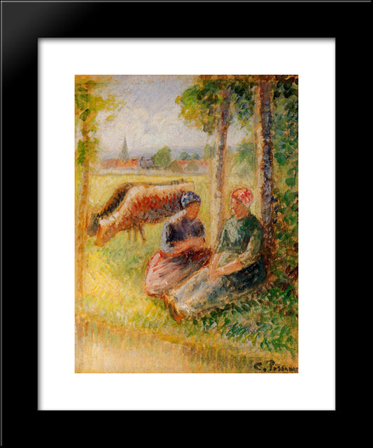 Two Cowherds By The River 20x24 Black Modern Wood Framed Art Print Poster by Pissarro, Camille