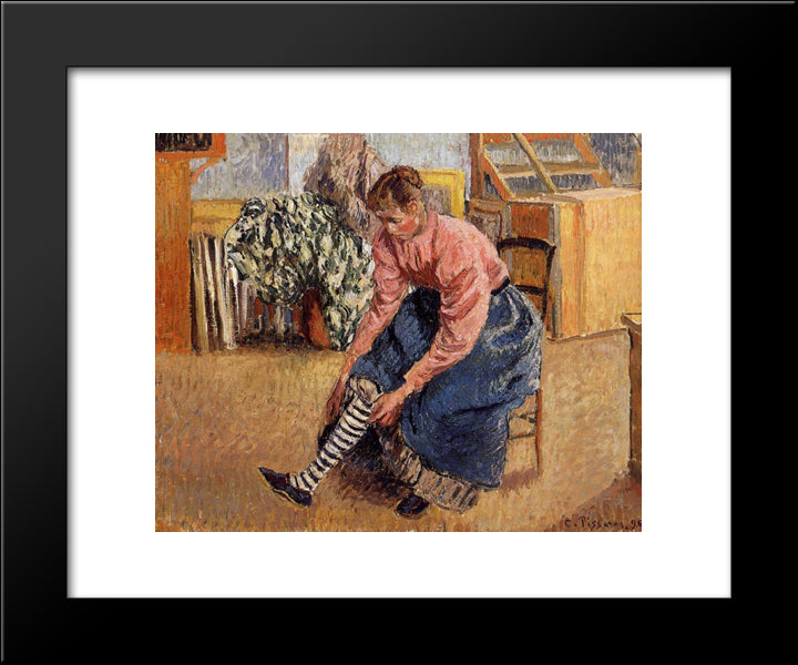 Woman Putting On Her Stockings 20x24 Black Modern Wood Framed Art Print Poster by Pissarro, Camille