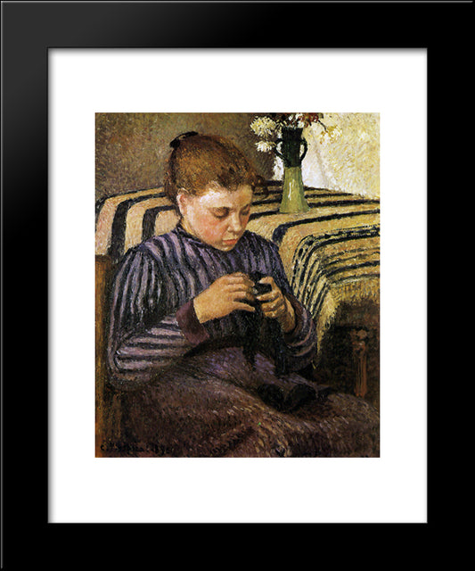 Young Woman Mending Her Stockings 20x24 Black Modern Wood Framed Art Print Poster by Pissarro, Camille