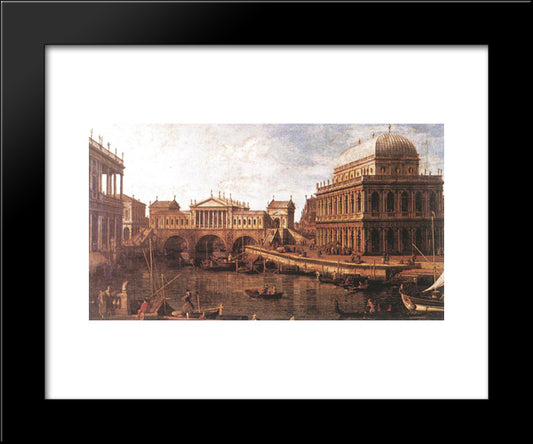 Capriccio A Palladian Design For The Rialto Bridge, With Buildings At Vicenza 20x24 Black Modern Wood Framed Art Print Poster by Canaletto