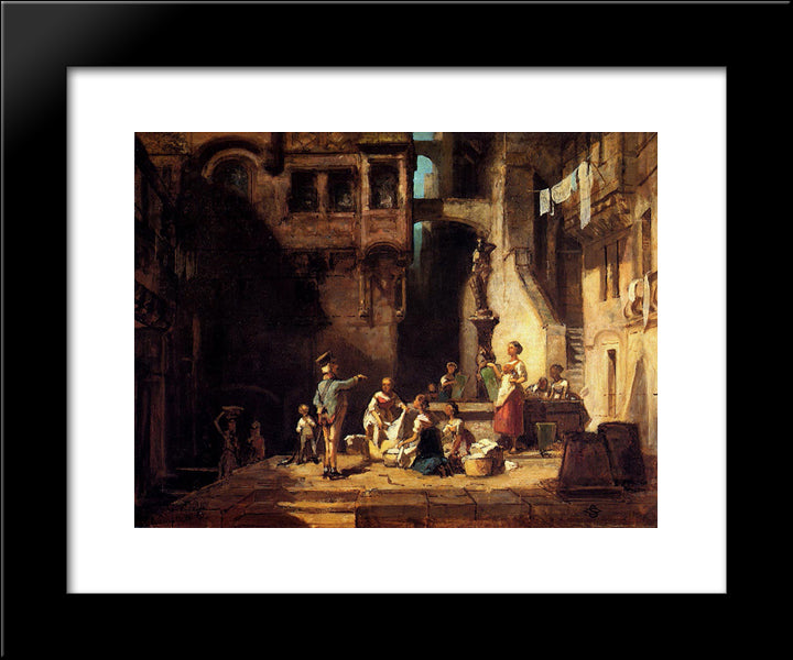 Washerwomen At The Well 20x24 Black Modern Wood Framed Art Print Poster by Spitzweg, Carl