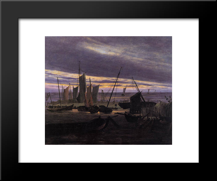 Boats In The Harbour At Evening 20x24 Black Modern Wood Framed Art Print Poster by Friedrich, Caspar David
