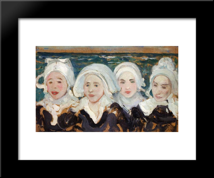 Four Breton Women At The Seashore 20x24 Black Modern Wood Framed Art Print Poster by Cottet, Charles