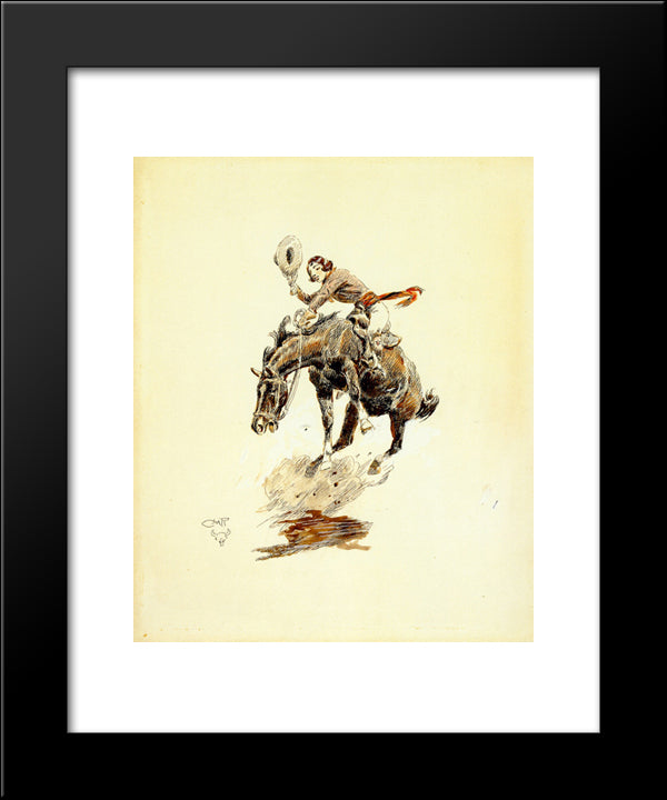 Bucking Horse And Cowgirl 20x24 Black Modern Wood Framed Art Print Poster by Russell, Charles M.